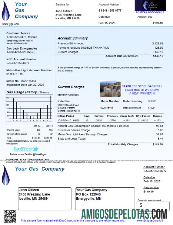 Para baixar modelo de conta de serviços públicos da sua empresa de gás nos EUA em formatos Word e PDF